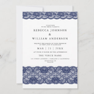 Navy Blue Lace Elegant Modern Wedding Invitation