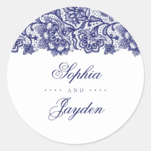 Navy Blue Lace Elegant Wedding Classic Round Sticker