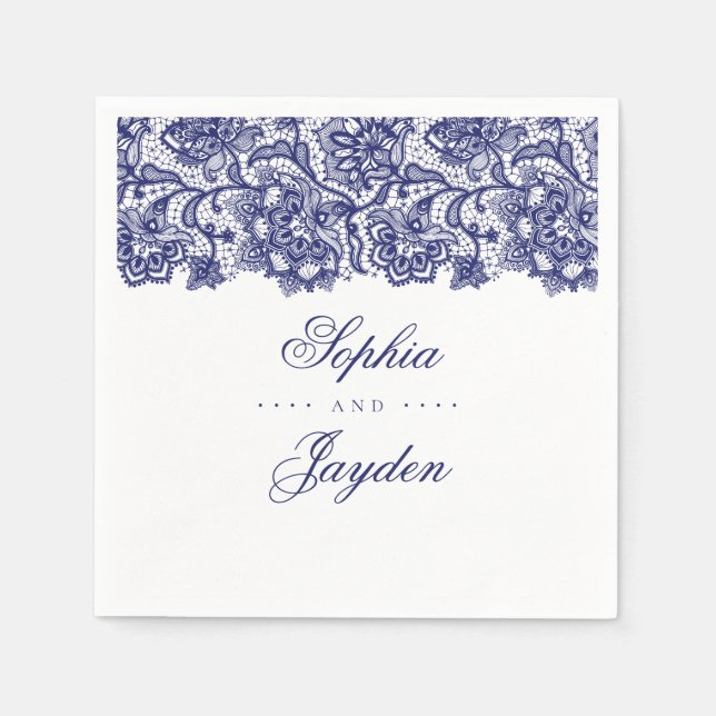 Navy Blue Lace Elegant Wedding Napkin (Front)
