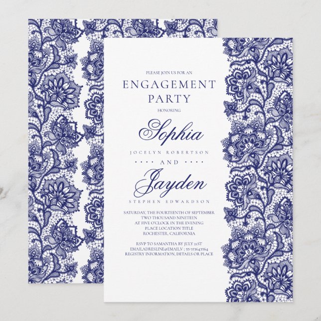 Navy Blue Lace Elegant White Engagement Party Invitation (Front/Back)