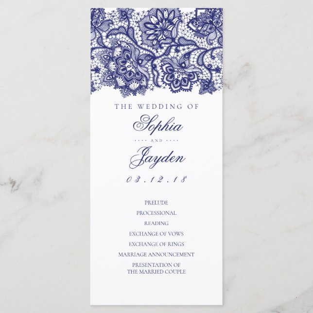 Navy Blue Lace Elegant White Wedding Programs Programme (Front)