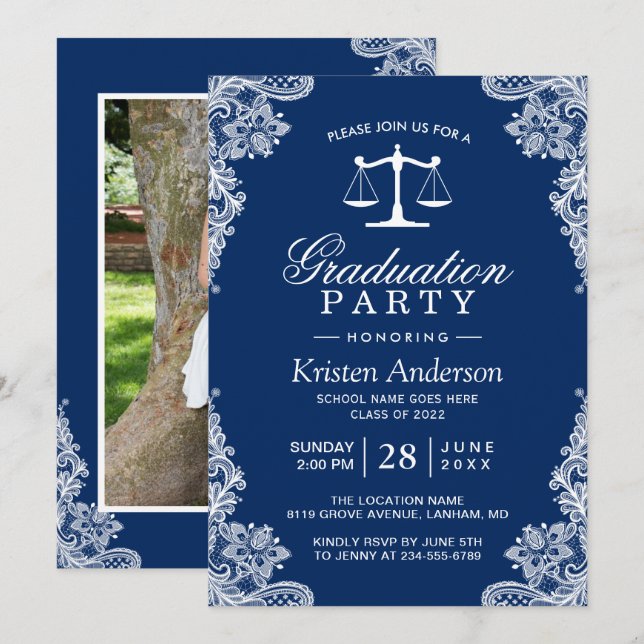 Navy Blue Lace Law School Student Graduation Photo Invitation (Front/Back)