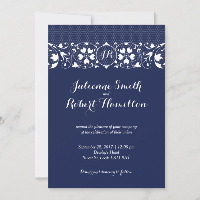 Navy Blue Lace Monogram Wedding Invitation (Front)