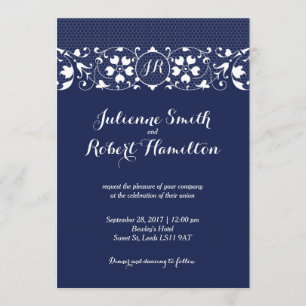 Navy Blue Lace Monogram Wedding Invitation