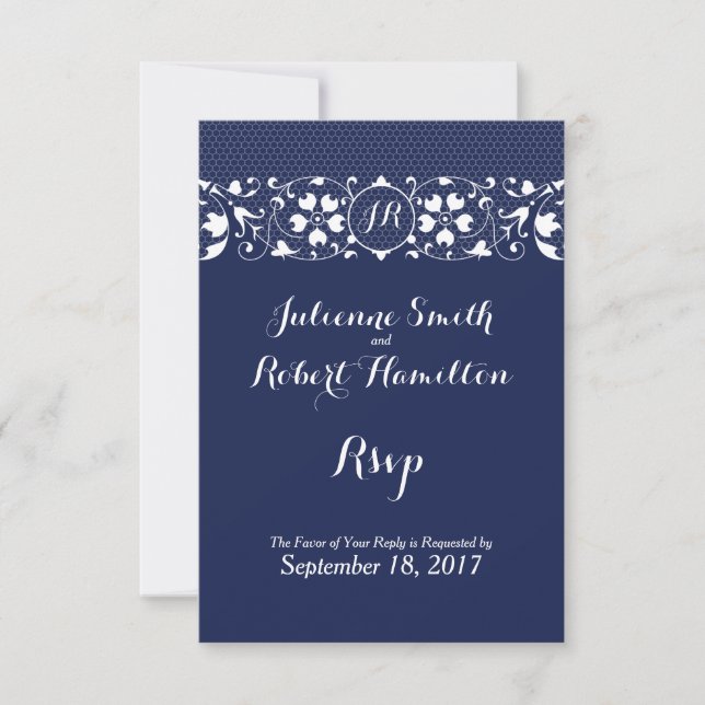 Navy Blue Lace Monogram Wedding RSVP Card (Front)