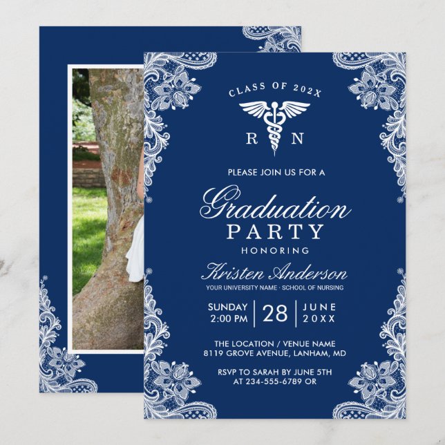 Navy Blue Lace Nursing School Graduation Party Invitation (Front/Back)