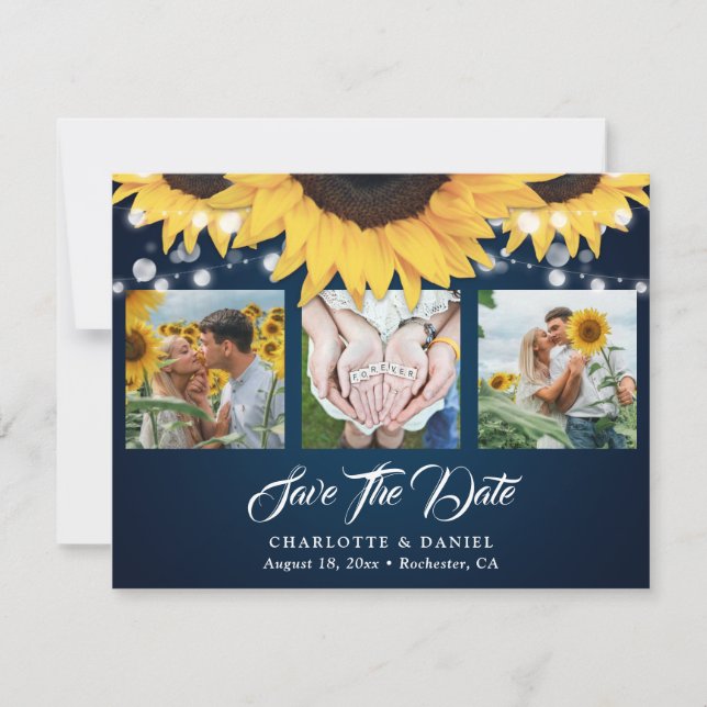 Navy Blue Lace Sunflower 3 Photo Save The Date (Front)