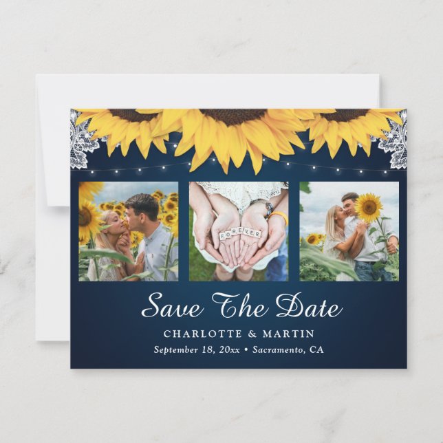 Navy Blue Lace Sunflower 3 Photo Save The Date (Front)