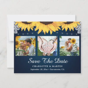 Navy Blue Lace Sunflower 3 Photo Save The Date