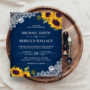 Navy Blue Lace Sunflower Budget Wedding Invitation