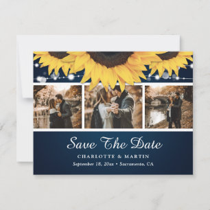 Navy Blue Lace Sunflower Photo Save The Date Cards