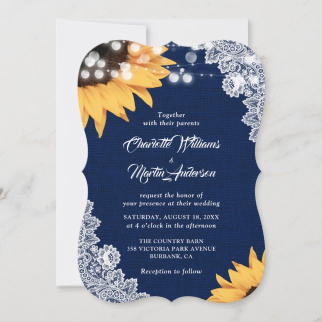 Navy Blue Lace Sunflower Wedding Invitation (Front)