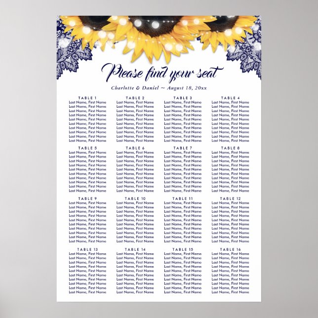 Navy Blue Lace Sunflower Wedding Seating Chart 16 (Front)