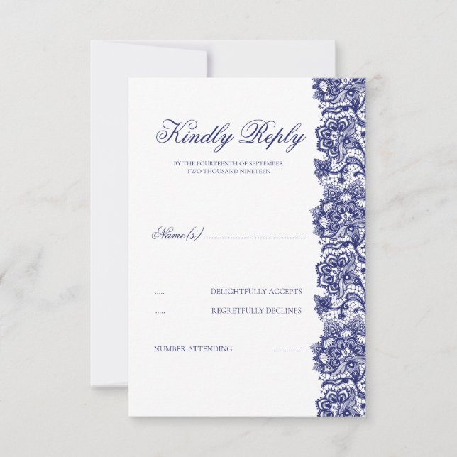 Navy Blue Lace Wedding RSVP (Front)