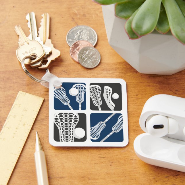 Navy Blue Lacrosse Blocks of Sticks and Balls Key Ring (Desk)