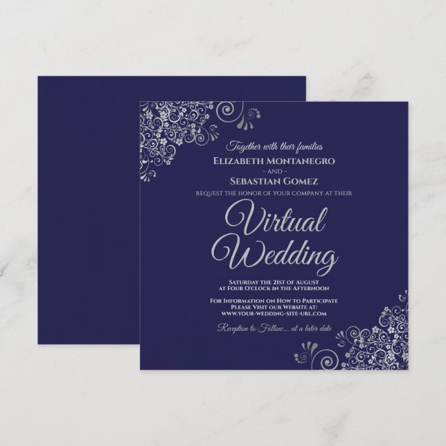 Navy Blue & Lacy Silver Elegant Virtual Wedding Invitation (Front/Back)