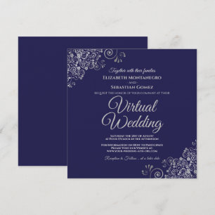 Navy Blue & Lacy Silver Elegant Virtual Wedding Invitation