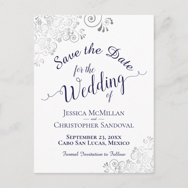 Navy Blue Lacy Silver Wedding Save the Date White Announcement Postcard (Front)