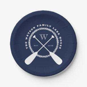 Navy Blue Lake House Monogram Crossed Paddles Paper Plate