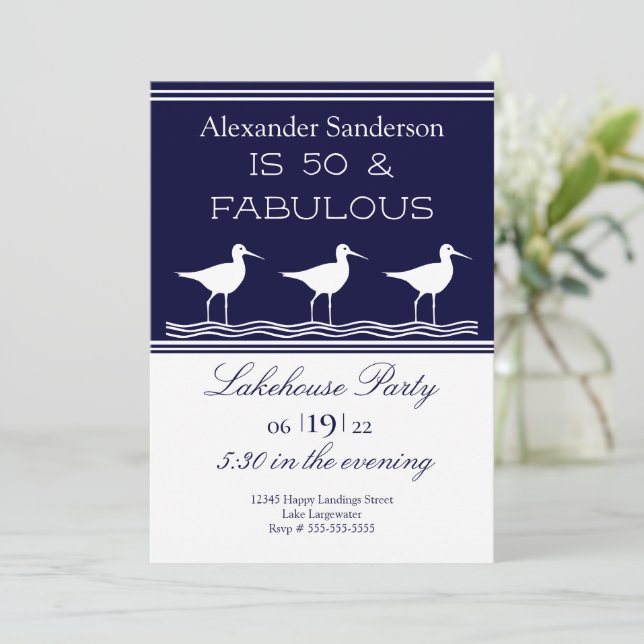 Navy Blue Lakehouse 50 and Fabulous Birthday Party Invitation (Standing Front)