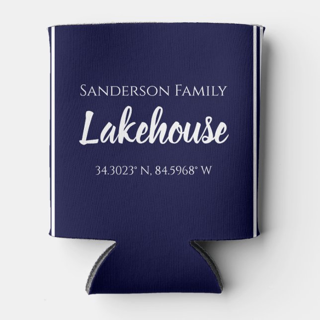 Navy Blue Lakehouse Family name  Map Corinates   Can Cooler (Front)
