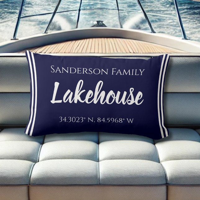 Navy Blue Lakehouse Family name  Map Corinates Lum Lumbar Cushion (Creator Uploaded)