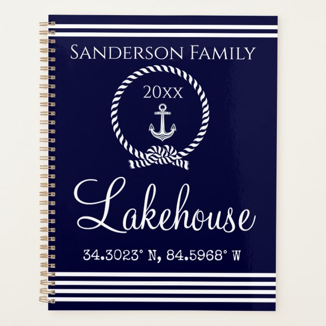 Navy Blue Lakehouse Family name  Map Corinates  Planner (Front)