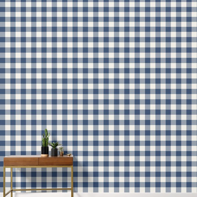 Navy Blue Large Chequered Gingham Wallpaper (Hallway)