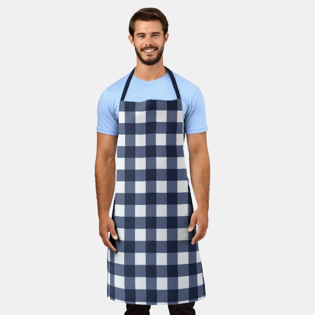 Navy Blue Large Classic Gingham Check Plaid Apron (Worn)