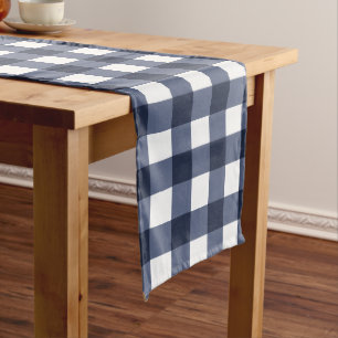 Navy Blue Large Classic Gingham Check Plaid Long Table Runner