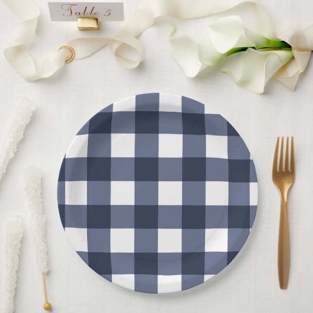 Navy Blue Large Classic Gingham Check Plaid Paper Plate (Wedding)