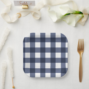 Navy Blue Large Classic Gingham Check Plaid Paper Plate