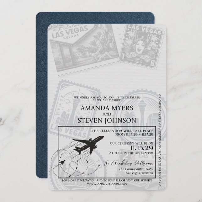Navy Blue Las Vegas Passport Wedding Invitation (Front/Back)