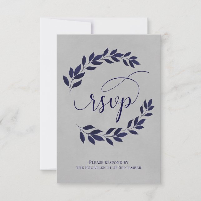 Navy Blue Laurel Leaves on Grey Elegant Wedding RSVP Card (Front)
