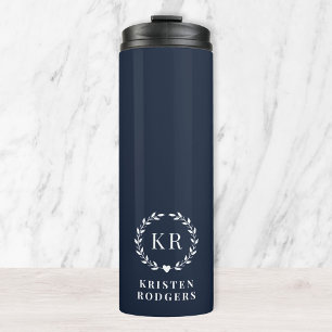 Navy Blue Laurel Wreath Crest Monogram Thermal Tumbler