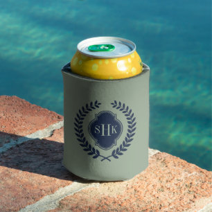 Navy-Blue Laurel Wreath Crest On Sage Green Can Cooler