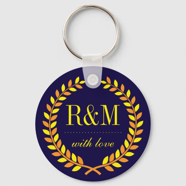 Navy Blue Laurel Wreath Monogram Wedding Keychain (Front)