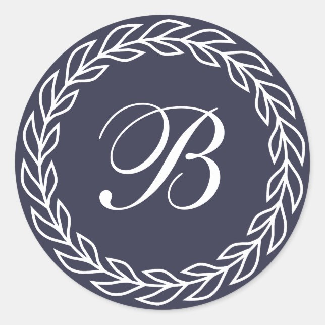 Navy Blue Laurel Wreath with Custom Monogram Classic Round Sticker (Front)