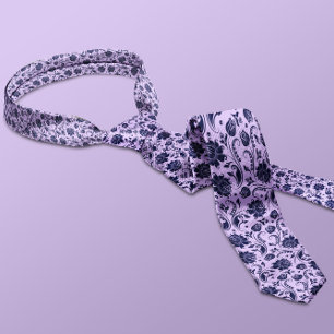 Navy Blue & Lavender Purple Floral Damasks Pattern Tie