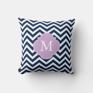 Navy Blue & Lavender Zigzags Pattern Monogram Cushion