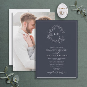 Navy Blue Leafy Crest Monogram Photo Wedding Invitation