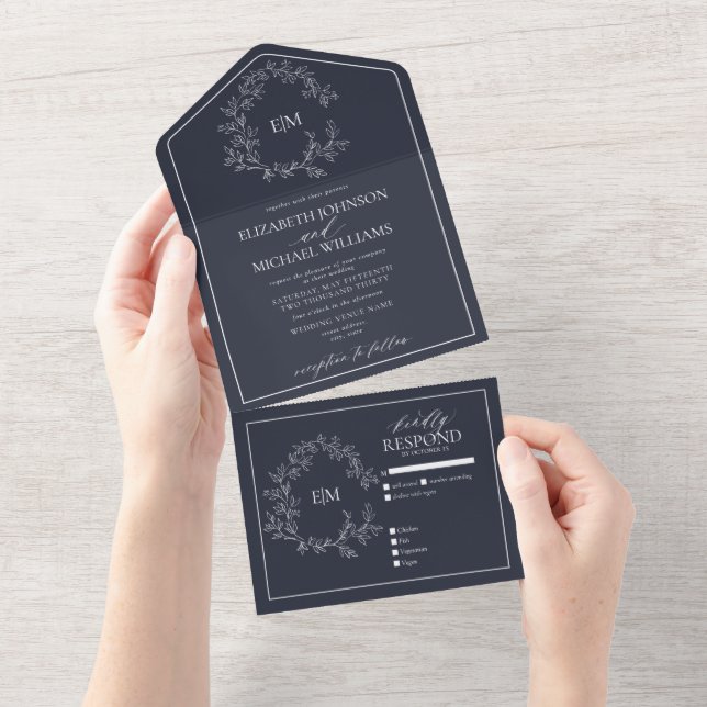 Navy Blue Leafy Crest Monogram Wedding All In One Invitation (Tearaway)