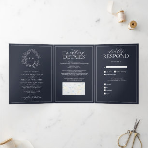Navy Blue Leafy Crest Monogram Wedding Tri-Fold Invitation