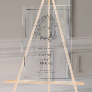 Navy Blue Leafy Crest Monogram Welcome Wedding Acrylic Sign