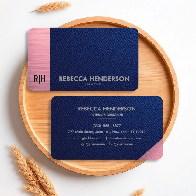 Navy Blue Leather & Blush Pink Business Card (Creator Uploaded)