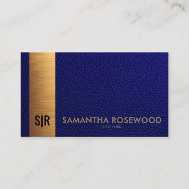 Navy Blue Leather & Brushed Gold Panel Monogram Business Card (Front)