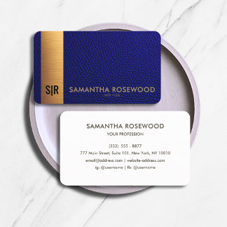Navy Blue Leather & Brushed Gold Panel Monogram Business Card