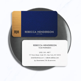 Navy Blue Leather & Gold with White Back Monogram  Business Card