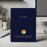 Navy Blue Leather Look Business logo and name Planner<br><div class="desc">Stay organised and elevate your professional image with our Custom Spiral Planner, featuring a refined navy blue leather-look design that combines sophistication with functionality. A customisable square space on the cover allows you to prominently display your business logo over a gold texture while two additional lines of editable text offer...</div>