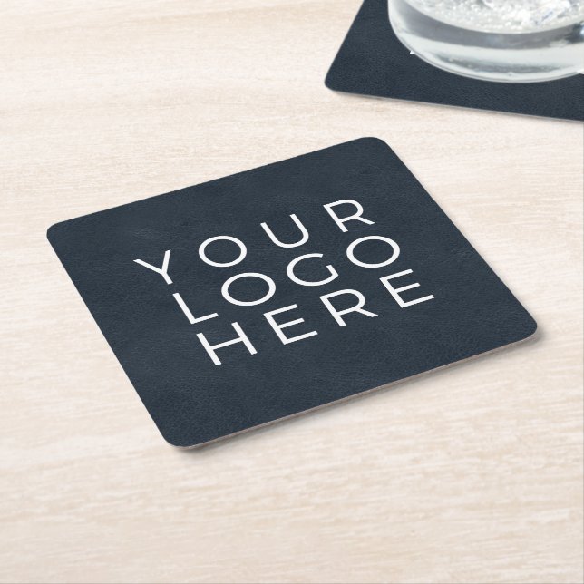Navy Blue Leather Look Custom Business Logo Square Paper Coaster (Angled)